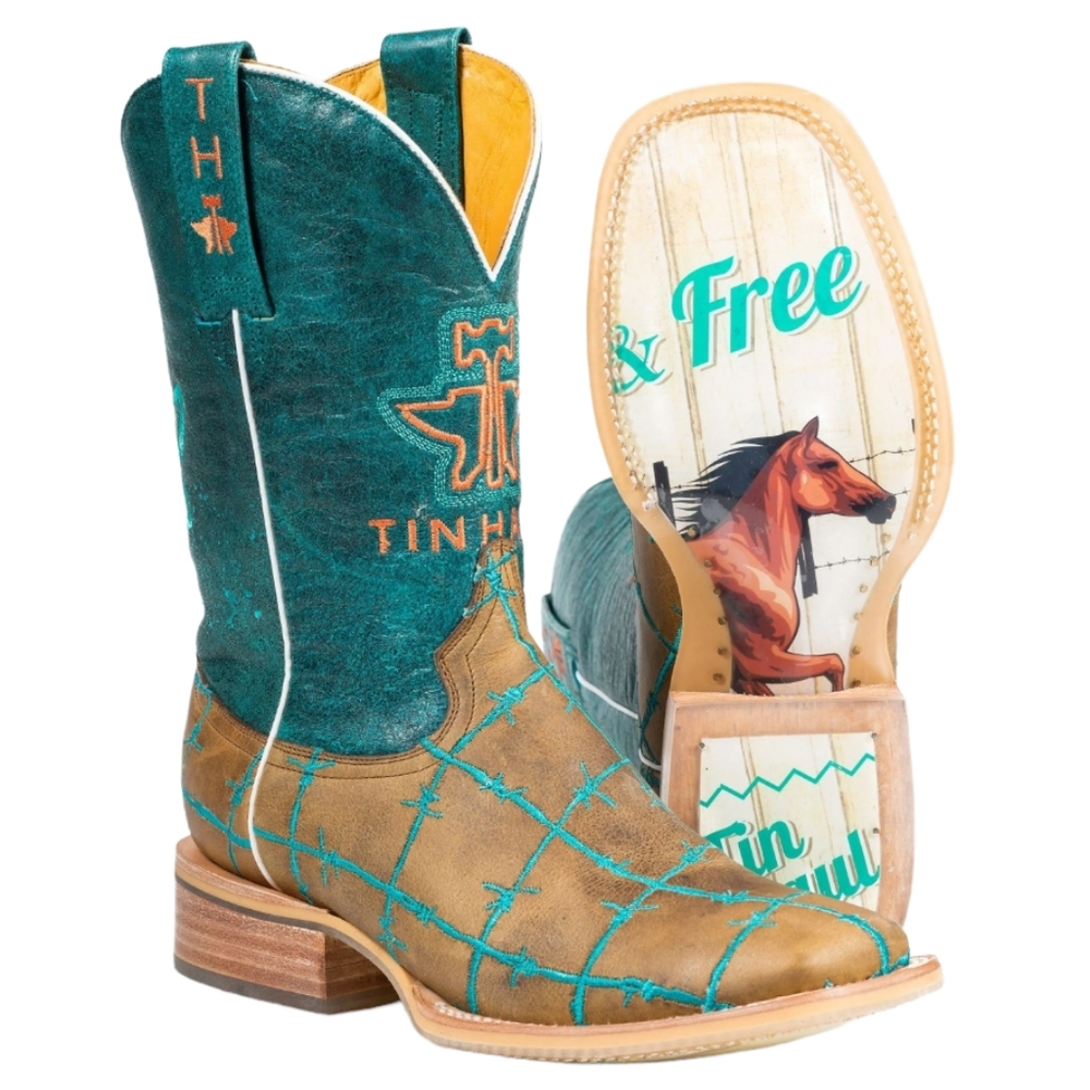 TIN HAUL "Barb'd Wire" turquoise & brown leather square toe cowgirl boots sz 7.5